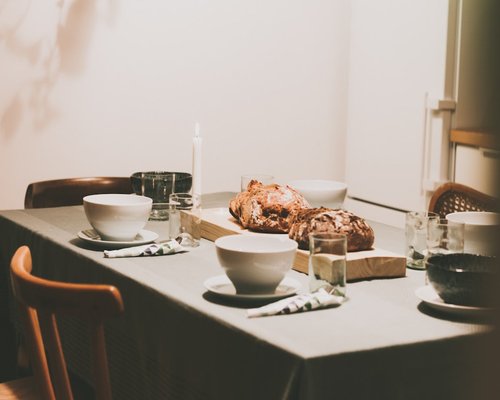 simple homemade dinner with water on the table